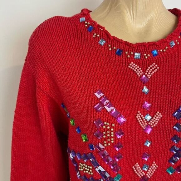 Vintage Joule Vintage Jeweled Sweater Women's Size M / L Bedazzled Christmas Red - Picture 3 of 15